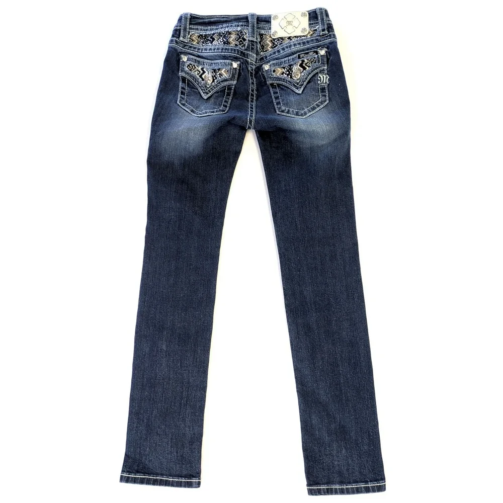 Miss Me Girls Skinny Jeans Dark Wash Embroidered Sequin Pockets KE8179S2 Size 14